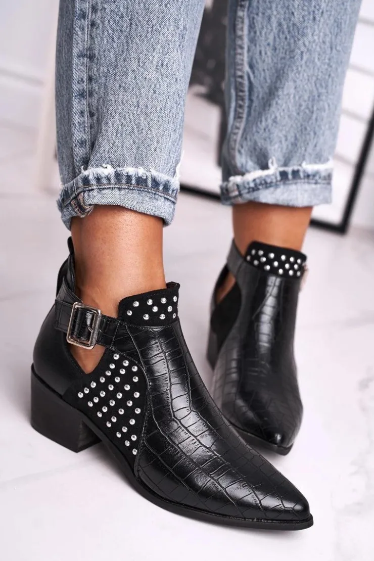 Sale Boto Damskie Botki Na Obcasie Klamra Czarne Rontra