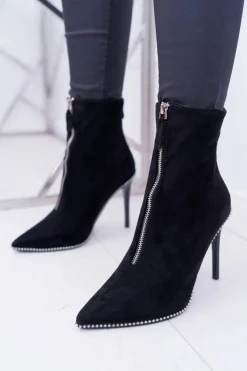 Boto Botki Zamszowe|Czarne Botki*Damskie Botki Na Obcasie Lu Boo Dwa Suwaki Zamszowe Czarne Suzy