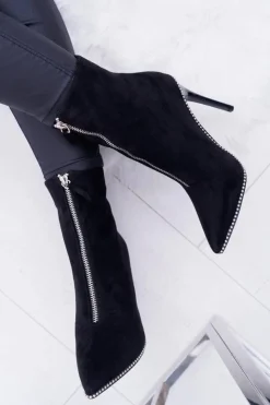 Boto Botki Zamszowe|Czarne Botki*Damskie Botki Na Obcasie Lu Boo Dwa Suwaki Zamszowe Czarne Suzy
