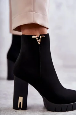 Boto Botki Na Słupku|Czarne Botki*Damskie Botki Na Obcasie Z Ozdobą Czarne Teruko