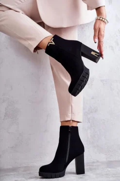 Boto Botki Na Słupku|Czarne Botki*Damskie Botki Na Obcasie Z Ozdobą Czarne Teruko