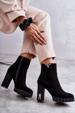 Boto Botki Na Słupku|Czarne Botki*Damskie Botki Na Obcasie Z Ozdobą Czarne Teruko