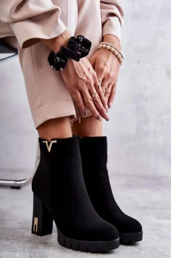 Boto Botki Na Słupku|Czarne Botki*Damskie Botki Na Obcasie Z Ozdobą Czarne Teruko