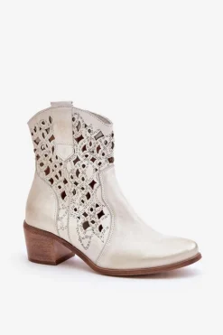 Damskie Boto Damskie Botki Na Obcasie Z Ażurowym Wzorem Lewski 3394/2 Złote Przecierane