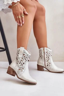 Damskie Boto Damskie Botki Na Obcasie Z Ażurowym Wzorem Lewski 3394/2 Złote Przecierane