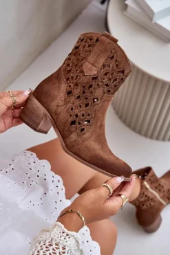 Hot Boto Damskie Botki Na Obcasie Z Ażurowym Wzorem Lewski 3394/2 Brązowe