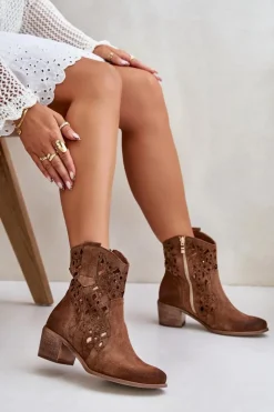 Hot Boto Damskie Botki Na Obcasie Z Ażurowym Wzorem Lewski 3394/2 Brązowe