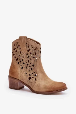 Damskie Boto Damskie Botki Na Obcasie Z Ażurowym Wzorem Lewski 3394/2 Beżowe
