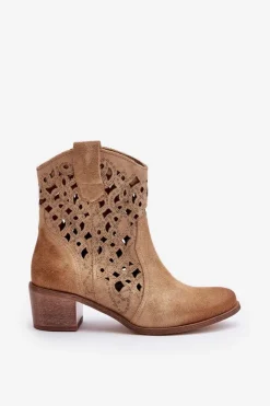 Damskie Boto Damskie Botki Na Obcasie Z Ażurowym Wzorem Lewski 3394/2 Beżowe