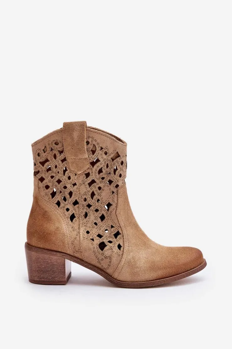 Damskie Boto Damskie Botki Na Obcasie Z Ażurowym Wzorem Lewski 3394/2 Beżowe