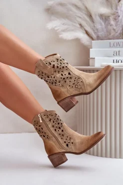 Damskie Boto Damskie Botki Na Obcasie Z Ażurowym Wzorem Lewski 3394/2 Beżowe