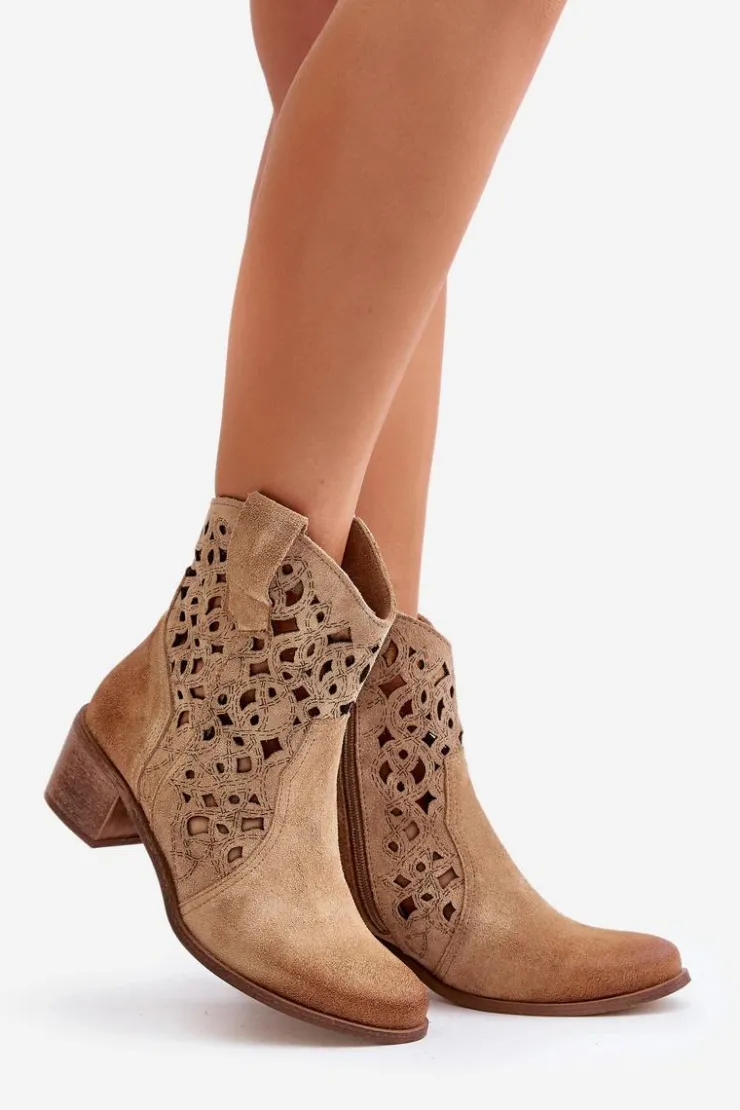 Damskie Boto Damskie Botki Na Obcasie Z Ażurowym Wzorem Lewski 3394/2 Beżowe