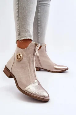 Damskie Boto Damskie Botki Na Płaskim Obcasie Z Zamkiem Beżowe Loratie
