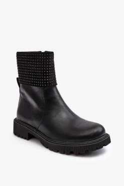 Boto Czarne Botki|Botki Płaskie*Damskie Botki Na Płaskim Obcasie Ze Zdobieniem Czarne Zanidite
