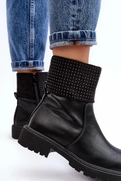 Boto Czarne Botki|Botki Płaskie*Damskie Botki Na Płaskim Obcasie Ze Zdobieniem Czarne Zanidite