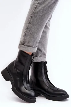 Damskie Boto Damskie Botki Na Płaskim Obcasie Z Suwakiem Czarne Elkasa