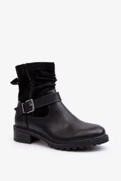 Clearance Boto Damskie Botki Na Płaskim Obcasie Z Klamrą Czarne Cillolis