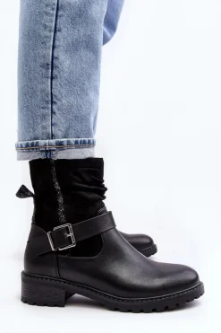 Clearance Boto Damskie Botki Na Płaskim Obcasie Z Klamrą Czarne Cillolis