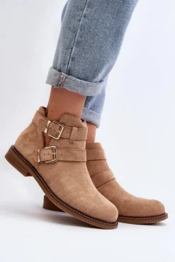 Boto Botki Wiosenne|Brązowe I Beżowe Botki*Damskie Botki Na Płaskim Obcasie Z Paskami Beżowe Melviana Beżowy