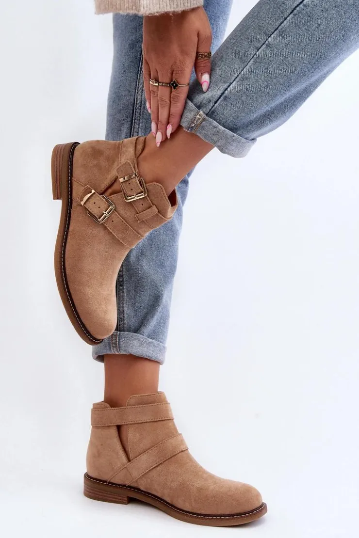 Boto Botki Wiosenne|Brązowe I Beżowe Botki*Damskie Botki Na Płaskim Obcasie Z Paskami Beżowe Melviana Beżowy
