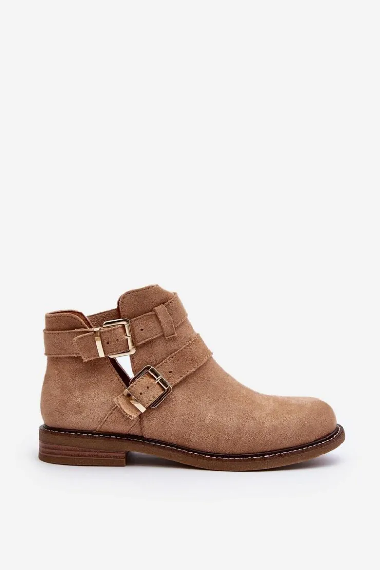 Boto Botki Wiosenne|Brązowe I Beżowe Botki*Damskie Botki Na Płaskim Obcasie Z Paskami Beżowe Melviana Beżowy