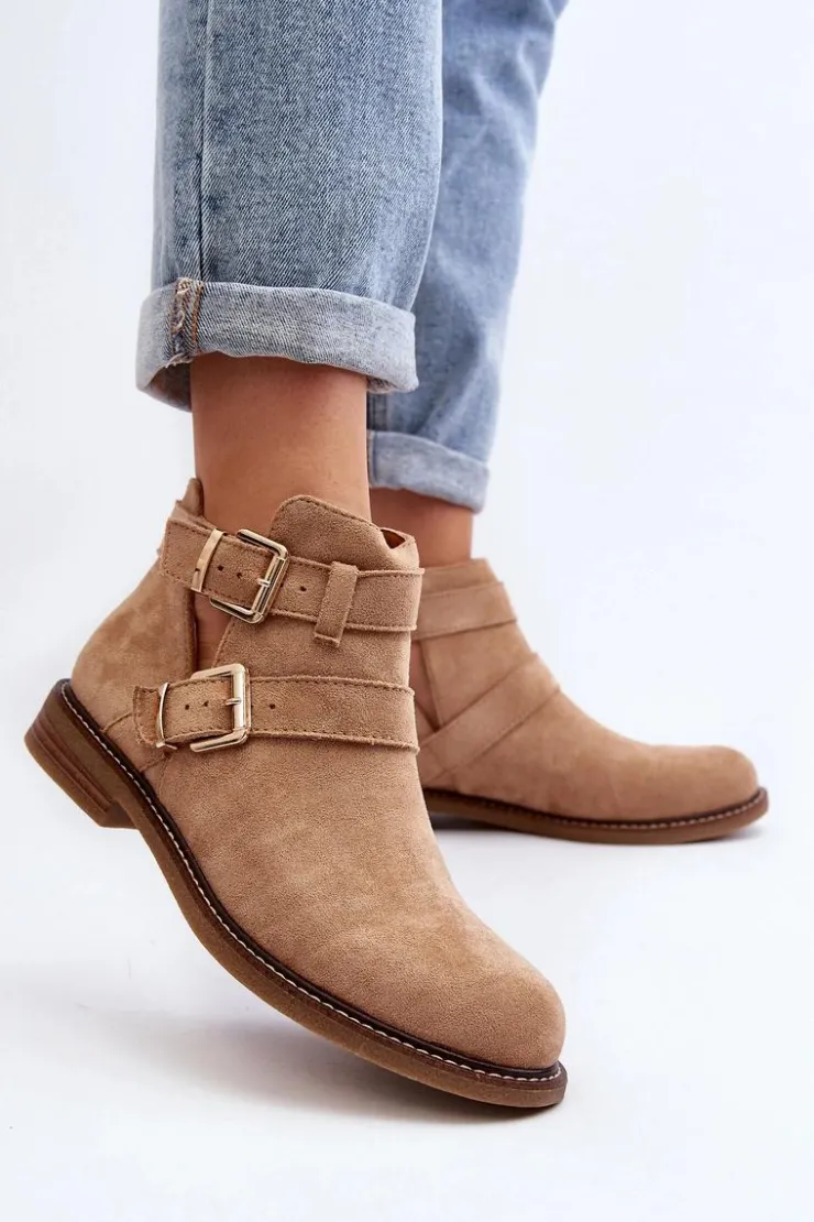 Boto Botki Wiosenne|Brązowe I Beżowe Botki*Damskie Botki Na Płaskim Obcasie Z Paskami Beżowe Melviana Beżowy