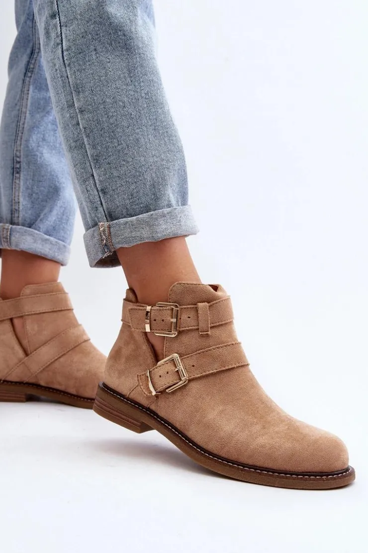 Boto Botki Wiosenne|Brązowe I Beżowe Botki*Damskie Botki Na Płaskim Obcasie Z Paskami Beżowe Melviana Beżowy