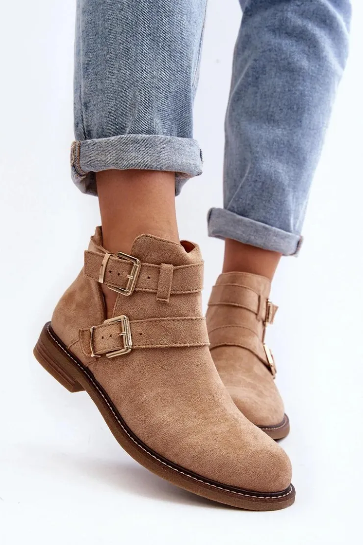 Boto Botki Wiosenne|Brązowe I Beżowe Botki*Damskie Botki Na Płaskim Obcasie Z Paskami Beżowe Melviana Beżowy