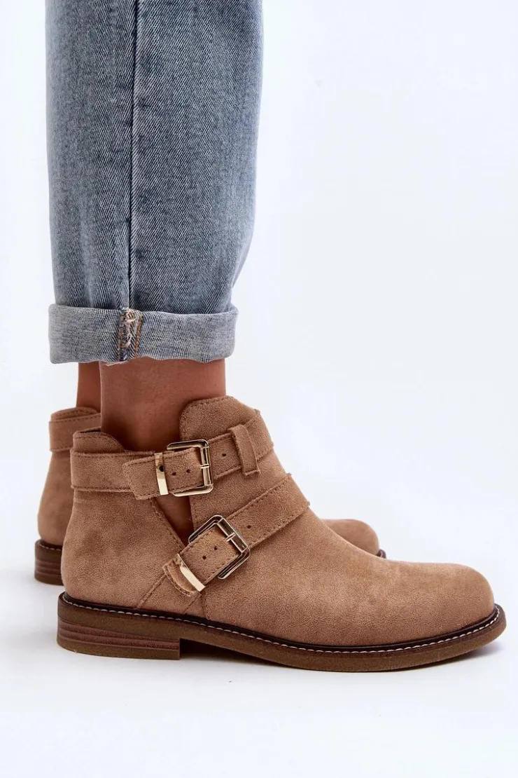 Boto Botki Wiosenne|Brązowe I Beżowe Botki*Damskie Botki Na Płaskim Obcasie Z Paskami Beżowe Melviana Beżowy