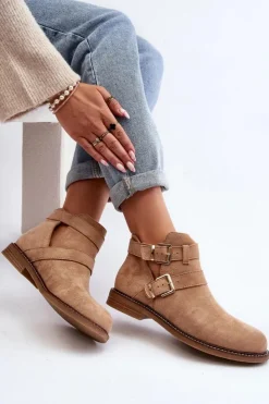 Boto Botki Wiosenne|Brązowe I Beżowe Botki*Damskie Botki Na Płaskim Obcasie Z Paskami Beżowe Melviana Beżowy
