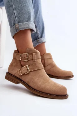 Boto Botki Wiosenne|Brązowe I Beżowe Botki*Damskie Botki Na Płaskim Obcasie Z Paskami Beżowe Melviana Beżowy
