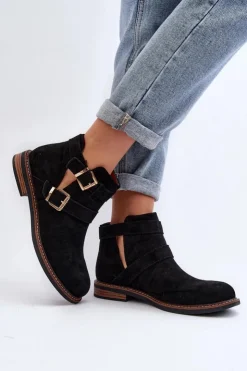 Damskie Boto Damskie Botki Na Płaskim Obcasie Z Paskami Czarne Melviana