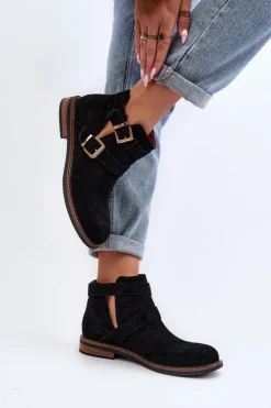 Damskie Boto Damskie Botki Na Płaskim Obcasie Z Paskami Czarne Melviana