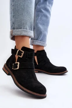 Damskie Boto Damskie Botki Na Płaskim Obcasie Z Paskami Czarne Melviana