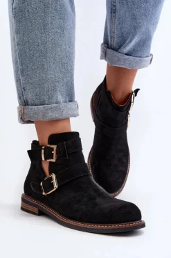 Damskie Boto Damskie Botki Na Płaskim Obcasie Z Paskami Czarne Melviana