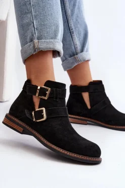 Damskie Boto Damskie Botki Na Płaskim Obcasie Z Paskami Czarne Melviana