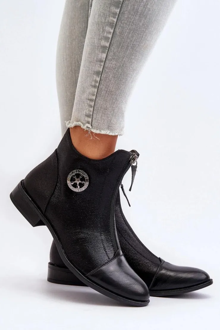 Boto Damskie Botki Na Płaskim Obcasie Z Zamkiem Czarne Loratie Czarny
