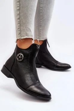 Boto Damskie Botki Na Płaskim Obcasie Z Zamkiem Czarne Loratie Czarny