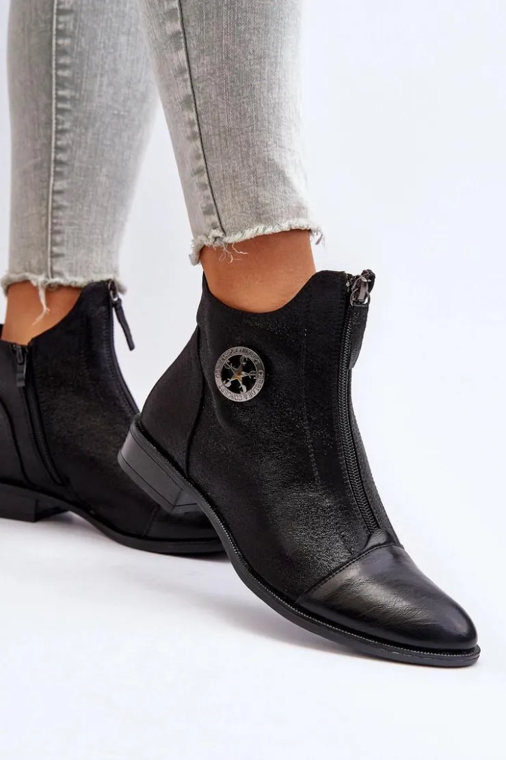 Boto Damskie Botki Na Płaskim Obcasie Z Zamkiem Czarne Loratie Czarny