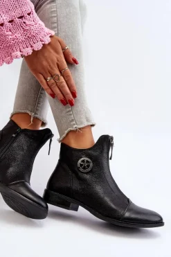 Boto Damskie Botki Na Płaskim Obcasie Z Zamkiem Czarne Loratie Czarny