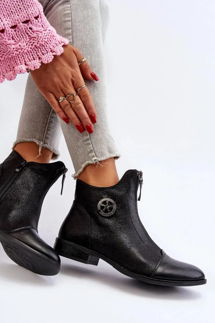 Boto Damskie Botki Na Płaskim Obcasie Z Zamkiem Czarne Loratie Czarny