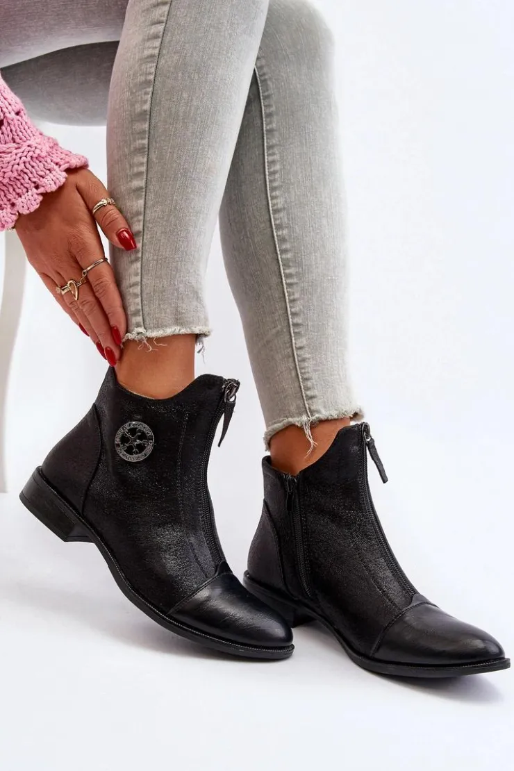 Boto Damskie Botki Na Płaskim Obcasie Z Zamkiem Czarne Loratie Czarny