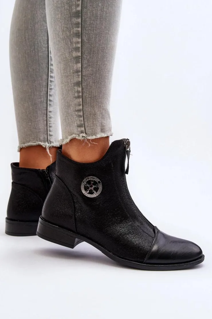 Boto Damskie Botki Na Płaskim Obcasie Z Zamkiem Czarne Loratie Czarny