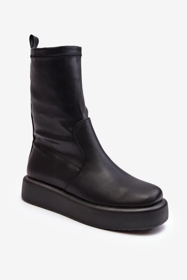 Damskie Boto Damskie Botki Na Platformie Ekoskóra Czarne Algedi