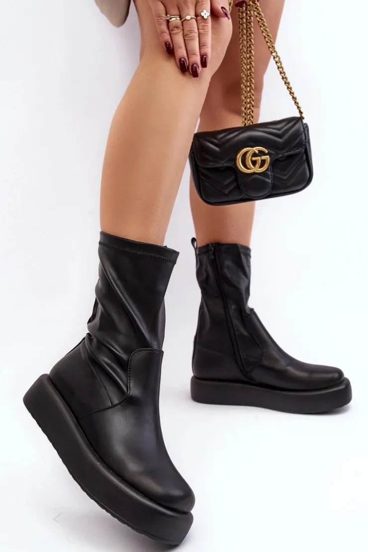 Damskie Boto Damskie Botki Na Platformie Ekoskóra Czarne Algedi