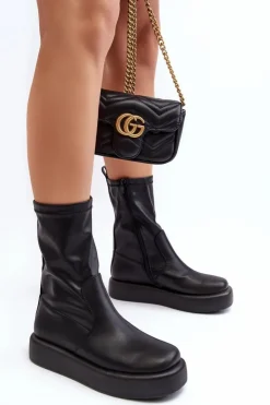 Damskie Boto Damskie Botki Na Platformie Ekoskóra Czarne Algedi