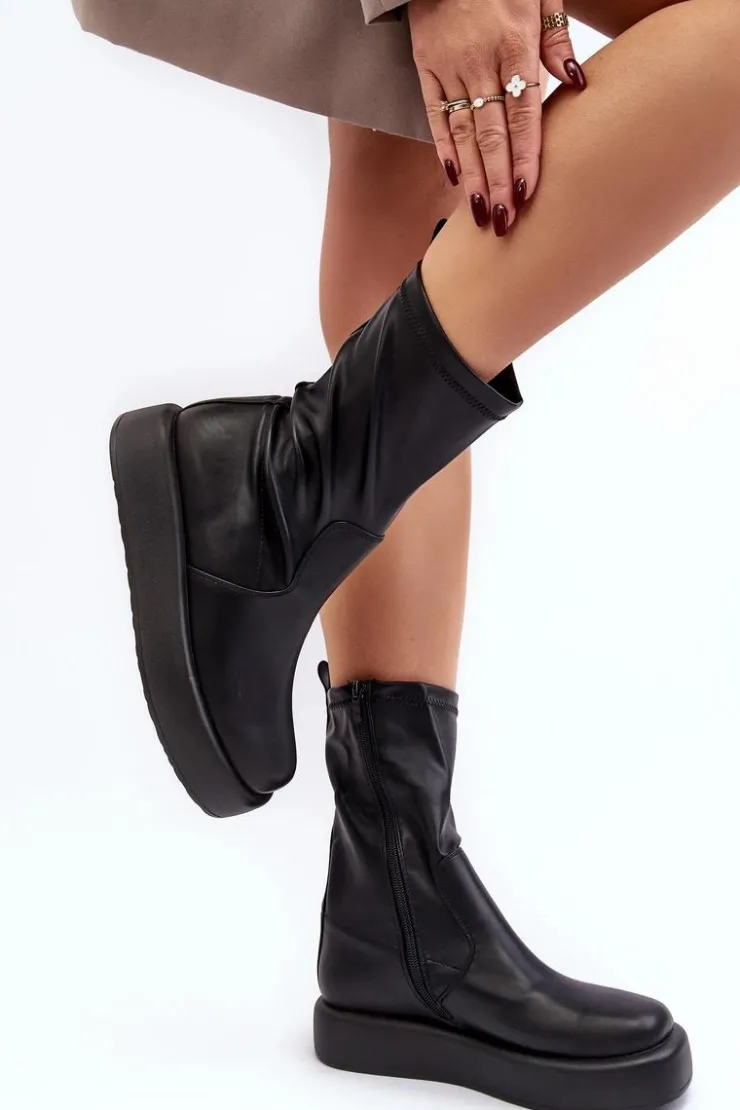 Damskie Boto Damskie Botki Na Platformie Ekoskóra Czarne Algedi