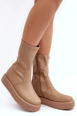 Boto Damskie Botki Na Platformie Ekoskóra Beżowe Algedi