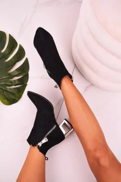 Discount Boto Damskie Botki Na Srebrnym Obcasie Zamszowe Czarne Norah