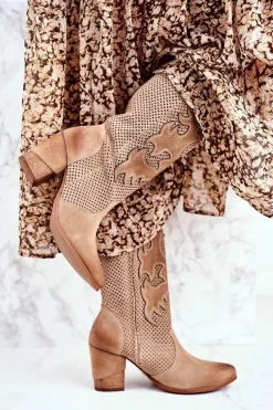 Boto Botki Na Słupku|Brązowe I Beżowe Botki*Damskie Botki Na Słupku Beżowe Skórzane Wysokie Rosemary